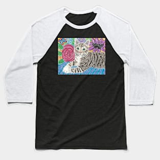 Cute Tabby cat flowers butterflies Baseball T-Shirt